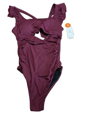 NWT Charmo Ruffle Ribbed Burgundy Maternity Cutout One Piece Swimsuit M